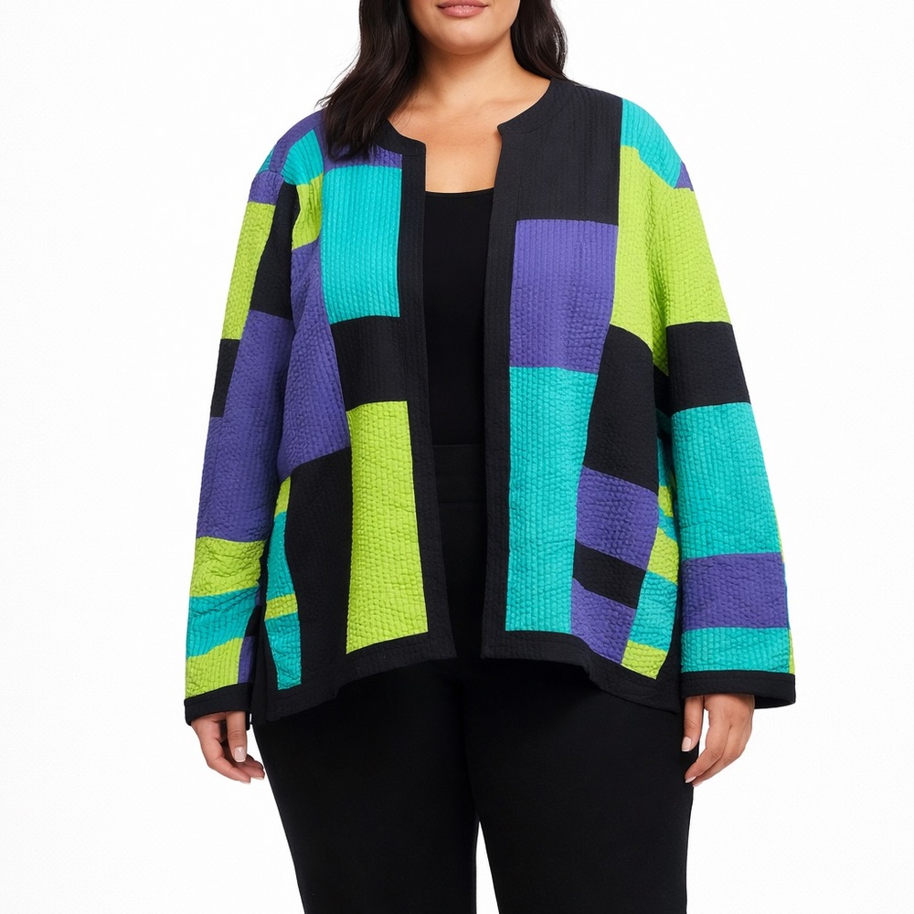 Vintage Patchwork Open Front Jacket Blazer Green Purple Size 16